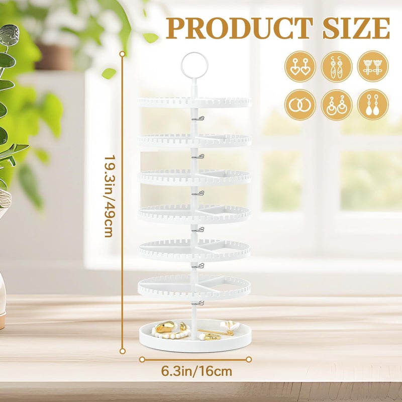 MODOWEY 6 Tier Rotating Earring Holder Organizer Display Tree with Metal Tray, Adjustable Plastic Stand with 342 Slots for Stud Hoop Hanger, Large Capacity Storage Rack for Women Space-Saving, White - Image 3